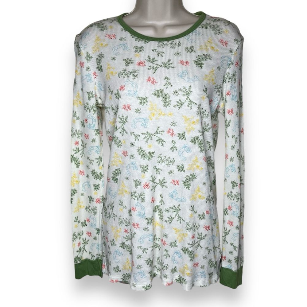 VTG Forever Waffle Thermal Y2K Floral Bird Green Cream Long Sleeve Women Large